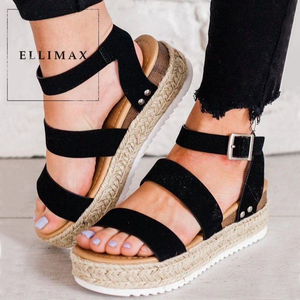 NEW🔥 Black Open Toe Buckle  Ankle Strap Platform Wedge Heel Espadrille Sandals - Picture 2 of 6